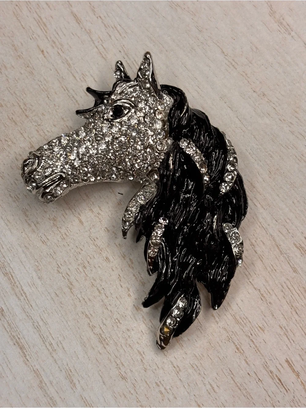 Black & Silver Rhinestone Horse Head Brooch Pin – Equestrian Statement Jewelry